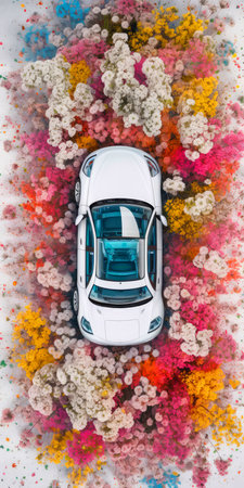 Top view of modern ar surrounded by spring flowers. Generative AI. Eco friendly conceptの素材