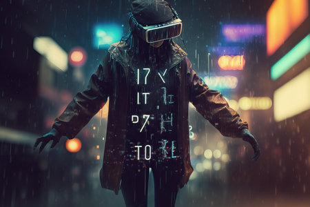 Humanoid in metaverse using VR Glasses surrounded by weird symbols in futuristic city at night. Generative AIの素材