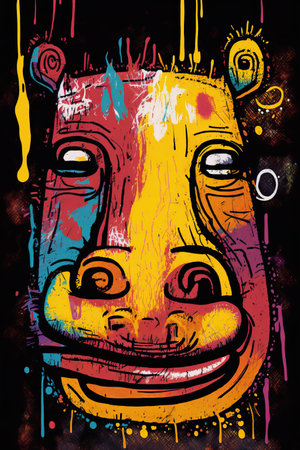 African ethnic illustration of hippo made with colorful brush strokes. Generative AIの素材