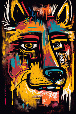 African ethnic illustration of wolf made with colorful brush strokes. Generative AIの素材
