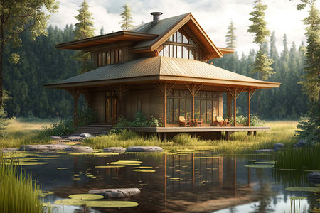 Modern wooden house in forest besides a lake. Generative AIの素材