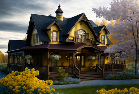 Classic wooden American house in a beautiful neighborhood. Generative AIの素材