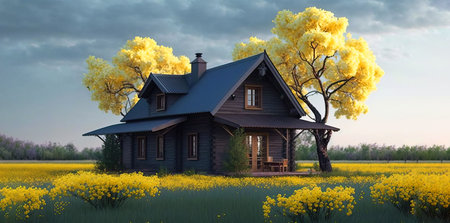Wooden house in a beautiful landscape full of yellow flowers. Generative AIの素材