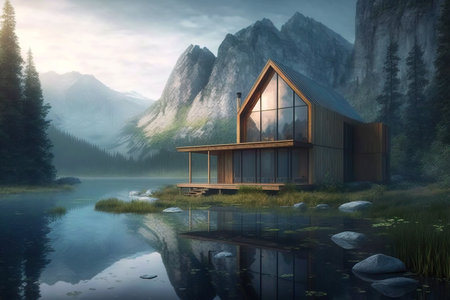 Modern wooden house in forest besides a lake. Generative AIの素材