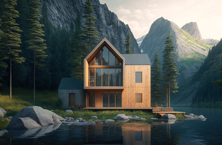Modern wooden house in forest besides a lake. Generative AIの素材