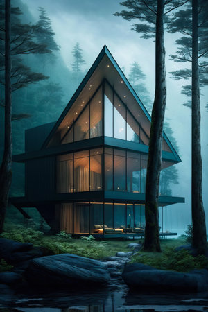 Illuminated glass house placed in a misty foggy forest. Generative AIの素材