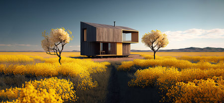 Wooden house in a beautiful landscape full of yellow flowers. Generative AIの素材