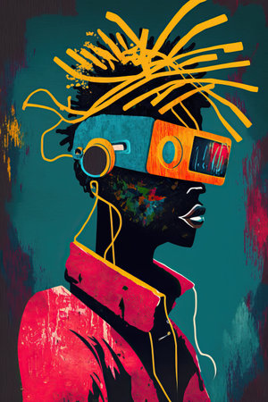Colorful ethnic abstract illustration of black man with VR glasses. Generative AIの素材