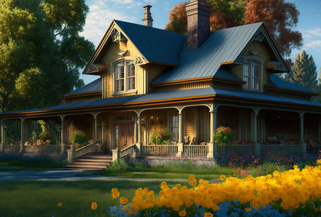 Classic wooden American house in a beautiful neighborhood. Generative AIの素材