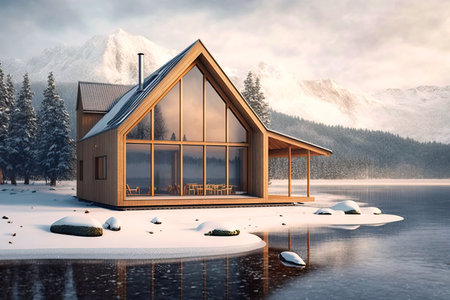 Modern wooden house placed besides mountain lake in snowy winter. Generative AIの素材