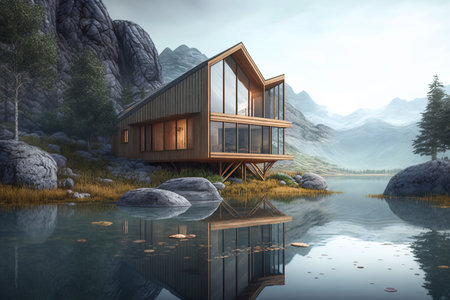 Modern wooden house in forest besides a lake. Generative AIの素材