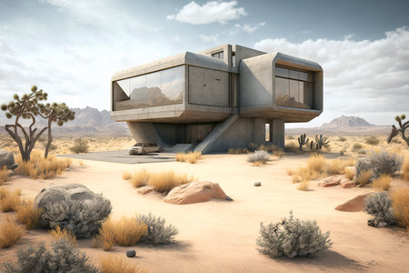 Awesome design of modern concrete house in a beautiful desert scenery. Generative AIの素材