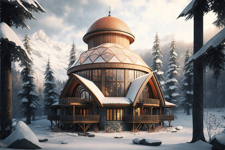 Modern luxury wooden house in a beautiful scenery. Generative AIの素材