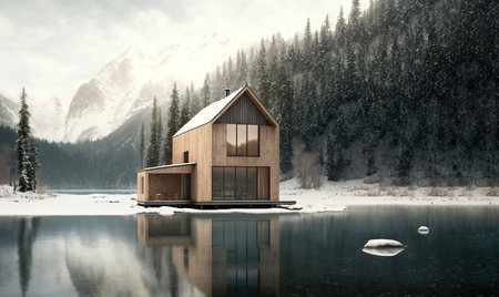 Modern wooden house placed besides mountain lake in snowy winter. Generative AIの素材