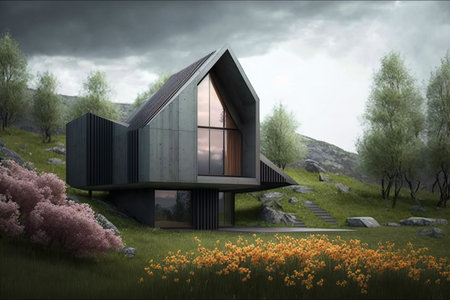 Modern concrete house besides a mountain landscape. Generative AIの素材