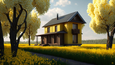Wooden house in a beautiful landscape full of yellow flowers. Generative AIの素材