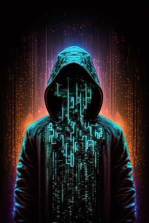 Anonymous hacker with hood with programming codes and symbols. Generative AIの素材