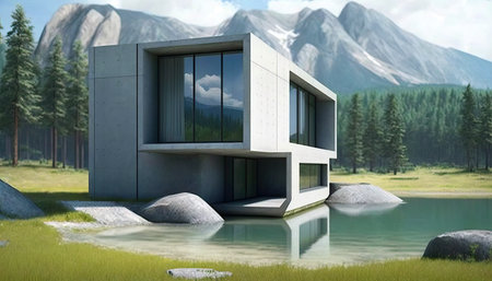 Modern concrete house in forest besides a lake. Generative AIの素材