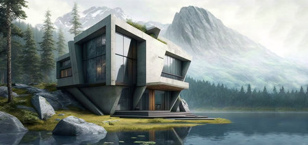 Modern concrete house in forest besides a lake. Generative AIの素材