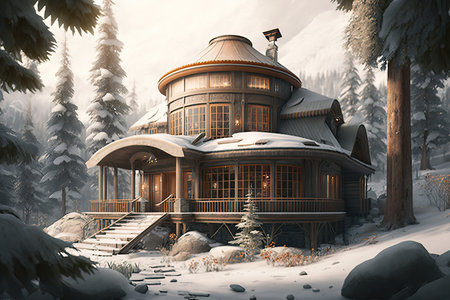 Modern luxury wooden house in a beautiful scenery. Generative AIの素材