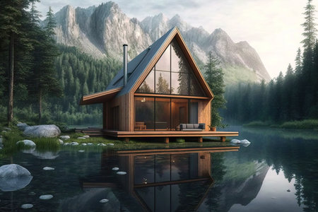 Modern wooden house in forest besides a lake. Generative AIの素材