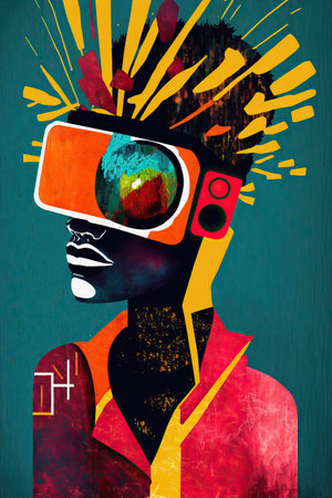 Colorful ethnic abstract illustration of black man with VR glasses. Generative AIの素材