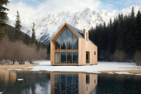Modern wooden house placed besides mountain lake in snowy winter. Generative AIの素材