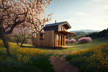 Wooden house in a beautiful landscape full of blossom flowers. Generative AIの素材