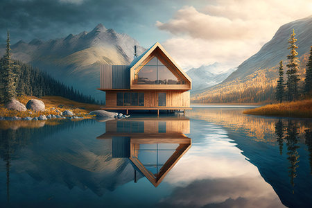 Modern wooden house in forest besides a lake. Generative AIの素材