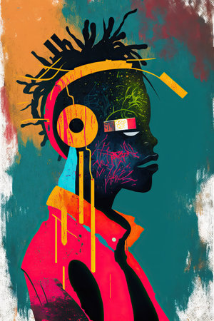 Colorful ethnic abstract illustration of singer with dreadlocks and headphones. Generative AIの素材