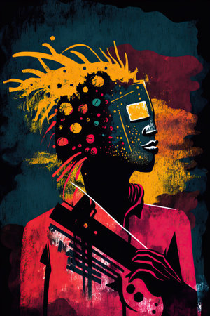 Colorful ethnic abstract illustration of reggae musician with dreadlocks playing guitar. Generative AIの素材