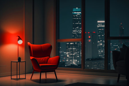 Cozy Red Chair Besides a Big Window in Home Minimalist Interior at Night. Generative AIの素材