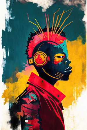 Colorful ethnic abstract illustration of reggae musician with headphones. Generative AIの素材