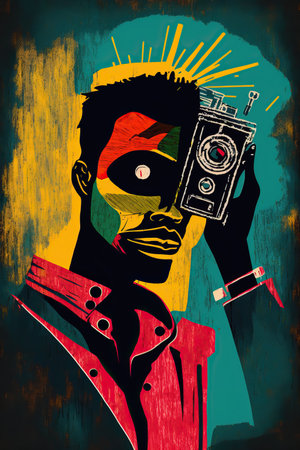 Colorful ethnic abstract illustration of black photographer with vintage camera. Generative AIの素材