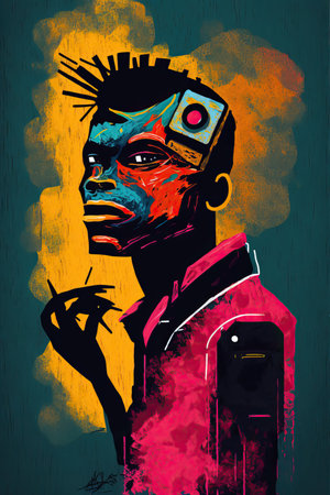 Colorful ethnic abstract illustration of black photographer with vintage camera. Generative AIの素材