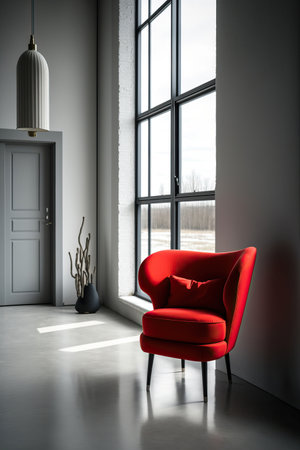 Cozy Red Chair Besides a Big Window in Home Minimalist Interior. Generative AIの素材