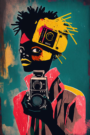 Colorful ethnic abstract illustration of black photographer with vintage camera. Generative AIの素材