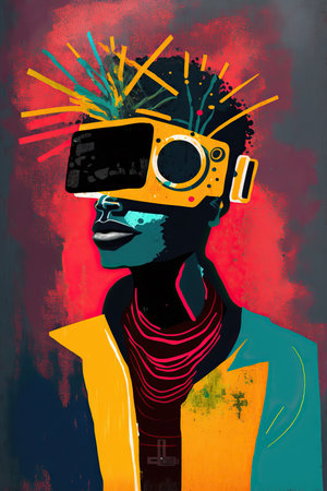 Colorful ethnic abstract illustration of black man with VR glasses. Generative AIの素材