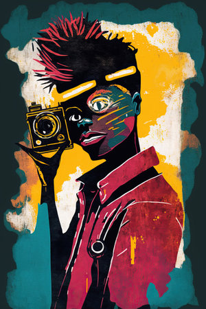 Colorful ethnic abstract illustration of black photographer with vintage camera. Generative AIの素材