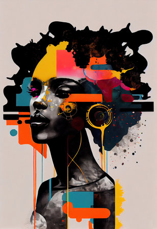 Creative Afrofuturist Illustration of Woman with Headphones. Generative AIの素材