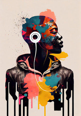 Creative Afrofuturist Illustration of Man with Headphones. Generative AIの素材