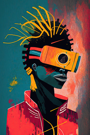 Colorful ethnic abstract illustration of black man with VR glasses. Generative AIの素材
