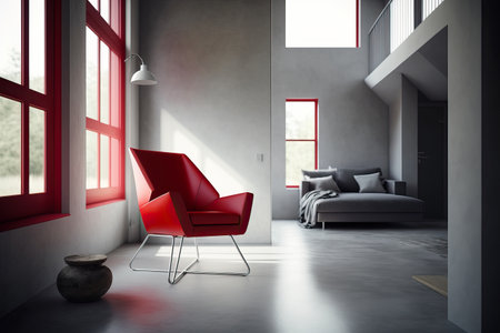 Cozy Red Chair Besides a Big Window in Home Minimalist Interior. Generative AIの素材