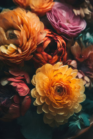 Background of colorful blossoming flowers with gentle petals and pleasant aroma growing in garden. Generative AIの素材