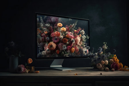 Modern computer monitor with flowers coming out from screen placed on wooden table and dark background. Generative AIの素材