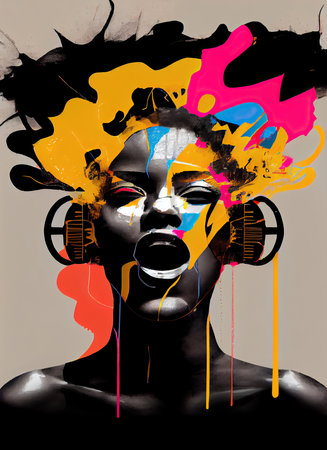 Creative Afrofuturist Illustration of Woman with Headphones. Generative AIの素材