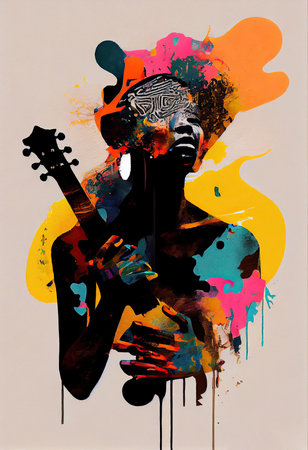 Creative Afrofuturist Afro Beat Musician Playing Guitar. Generative AIの素材