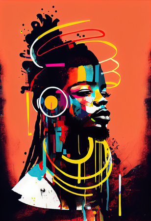 Creative Afrofuturist Illustration of Man with Headphones. Generative AIの素材