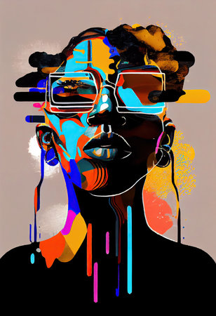 Creative Afrofuturist Illustration of Man with Glasses. Generative AIの素材