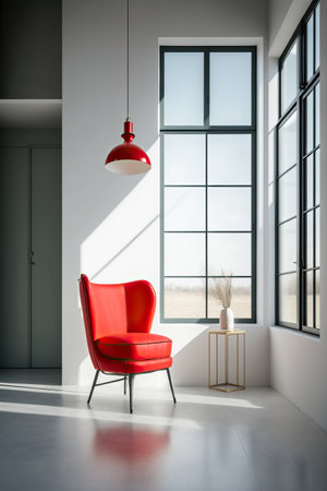 Cozy Red Chair Besides a Big Window in Home Minimalist Interior. Generative AIの素材